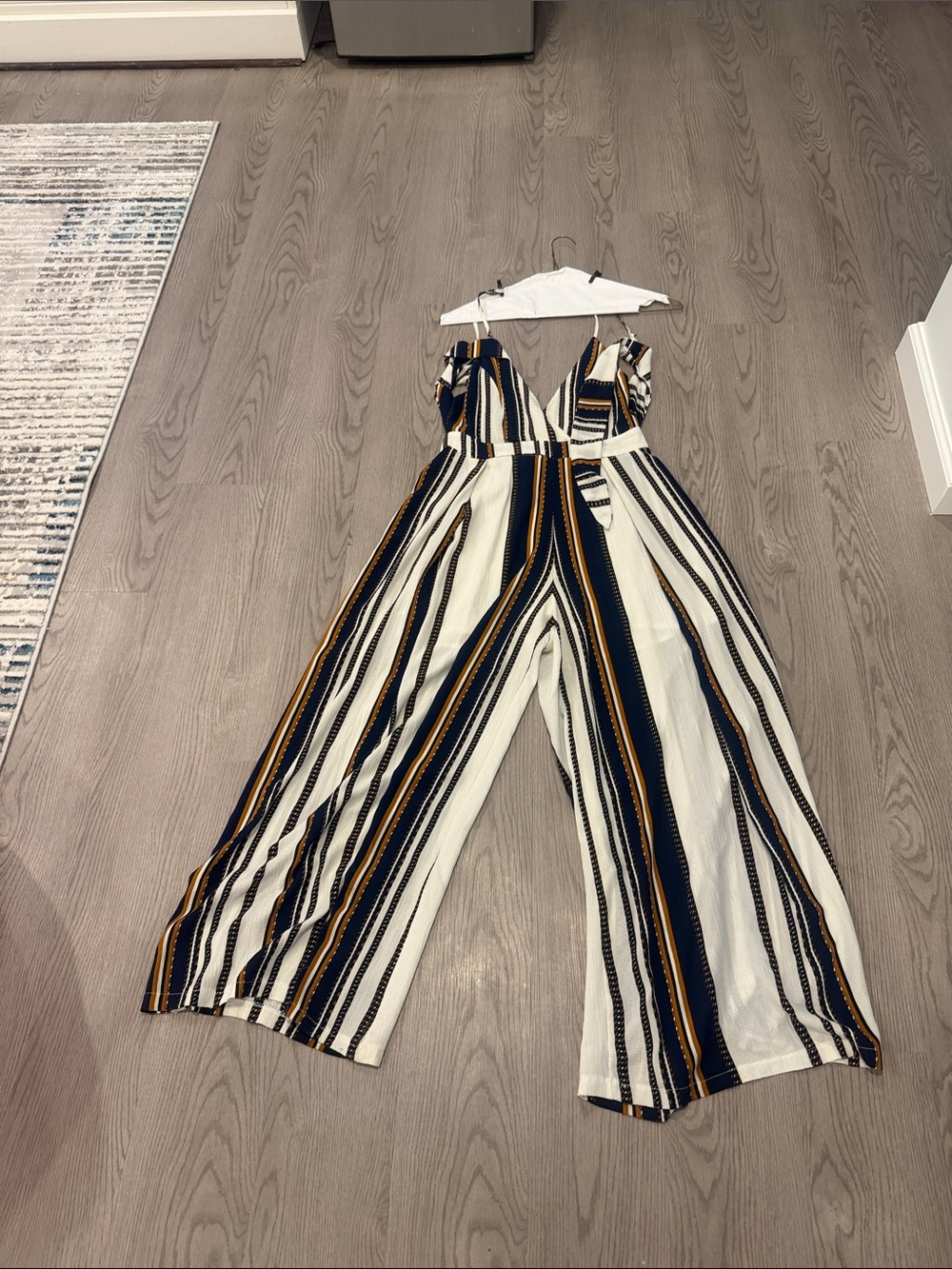 Striped V-Neck Wide-Leg Jumpsuit in Navy, White & Mustard